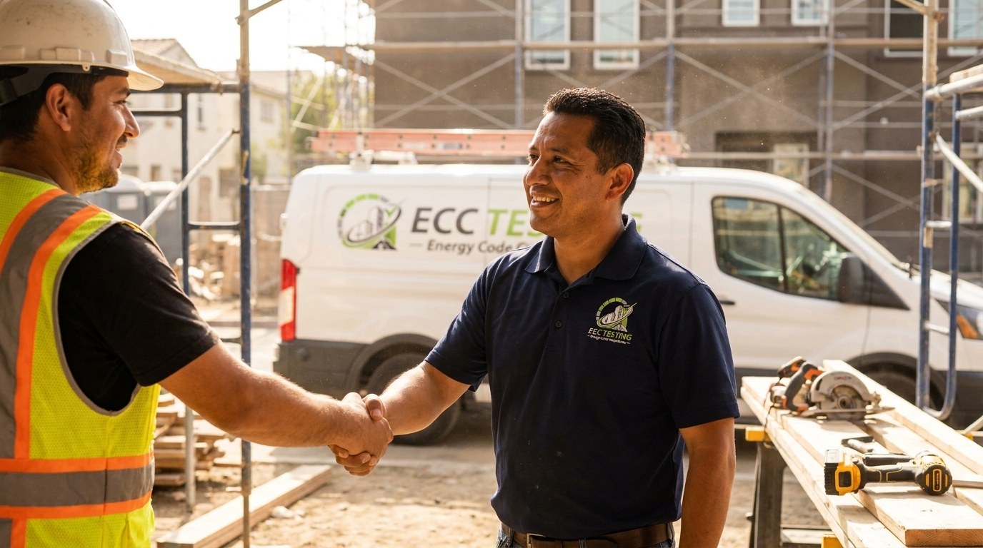 ECC Testing technician shaking hands with a general contractor on site