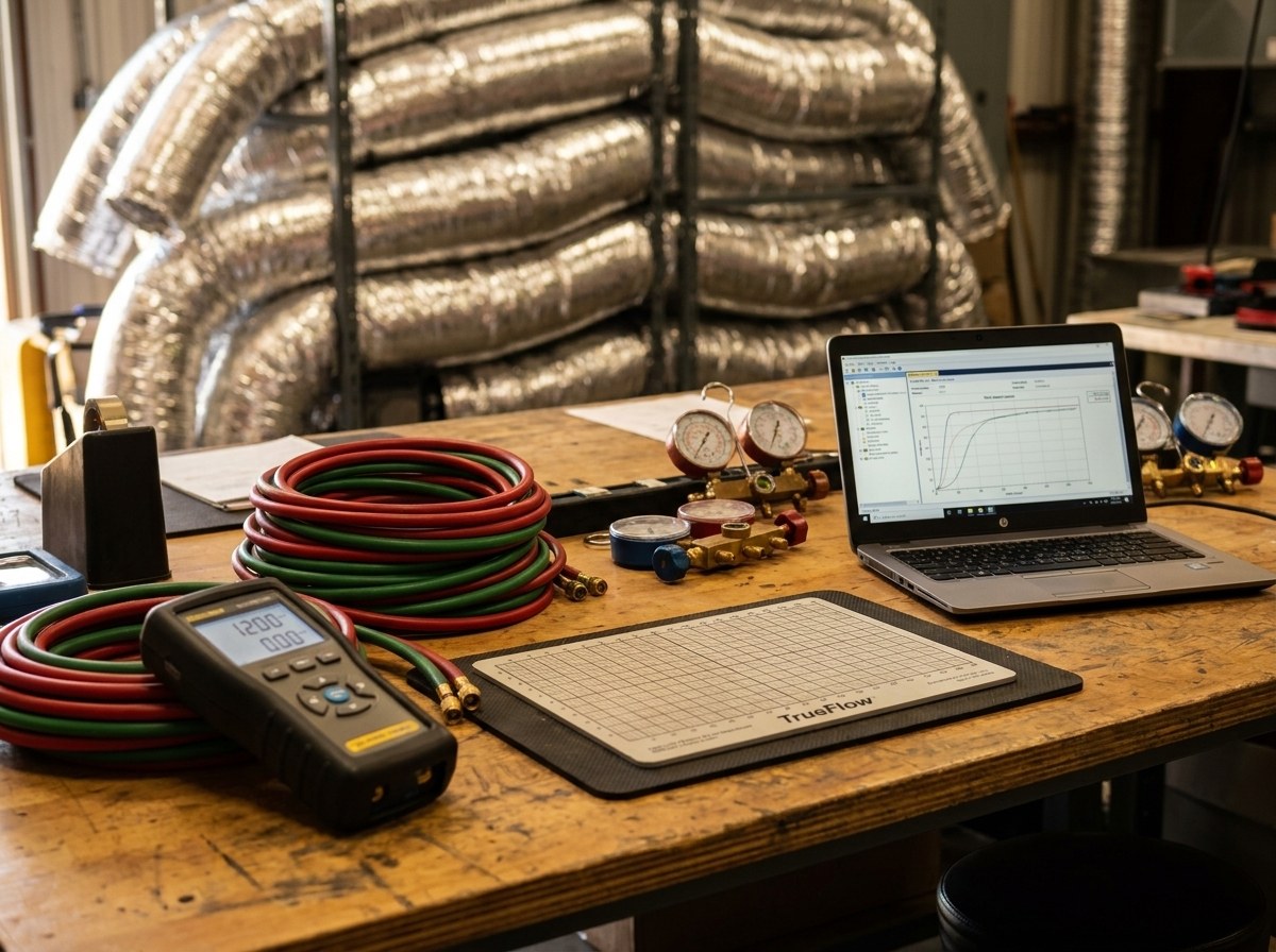 Calibrated manometers, pressure hoses and test equipment on a workbench