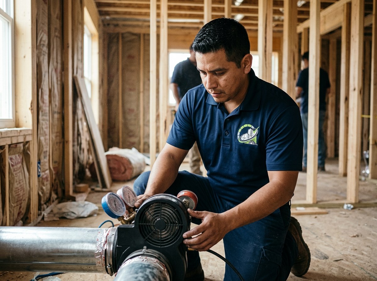 Technician setting up duct leakage testing equipment in a house under construction